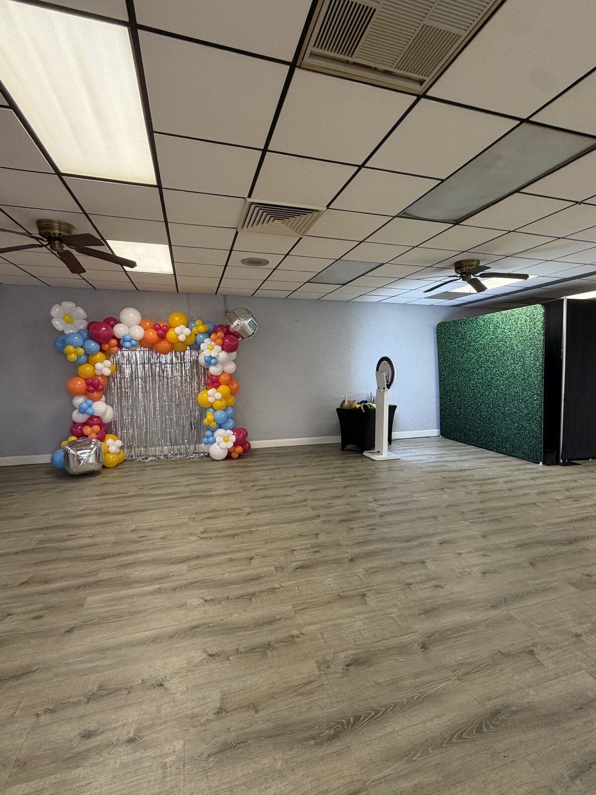 Balloon arch photo spot with shimmer backdrop
